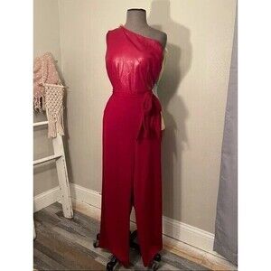 New York & Co Red Burgundy Jumpsuit One Shoulder Belted Faux Leather NWT XL